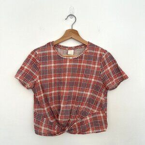 H&M Plaid Knot-Front Short Sleeve Shirt - Size Medium
